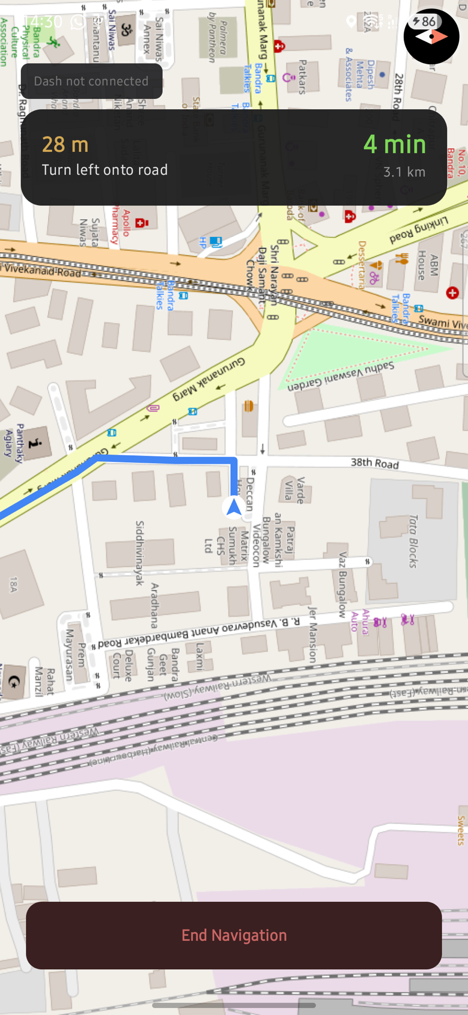 In-app navigation showing a turn-left instruction with a distance-to-turn callout over an offline map